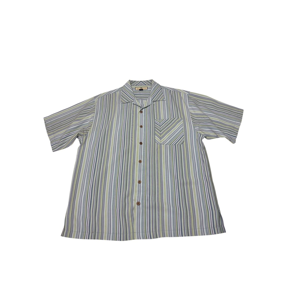 Tommy Bahama Mens 100% Silk Striped Short Sleeve Camp Shirt Blue Green Purple M